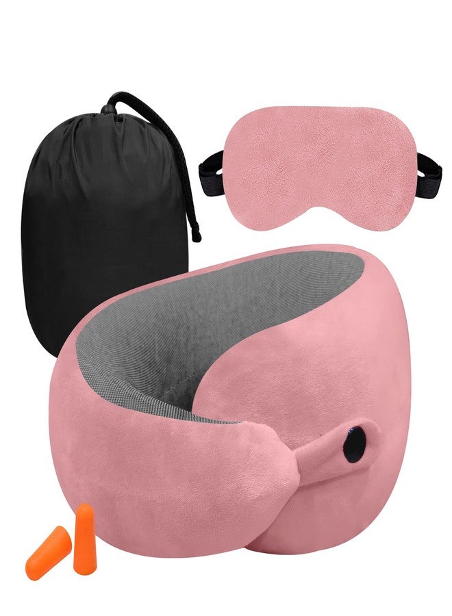 GREELI Premium Memory Foam Neck Pillow for Travel, Compact & Portable Airplane Travel Pillow Combo with Soft Eye Mask and Carry Bag. (Pink) - Image 1